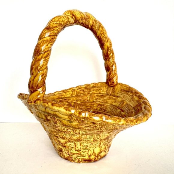 1970s Ceramic Wicker Basket Brown Yellow Twist Handle - Picture 3 of 8